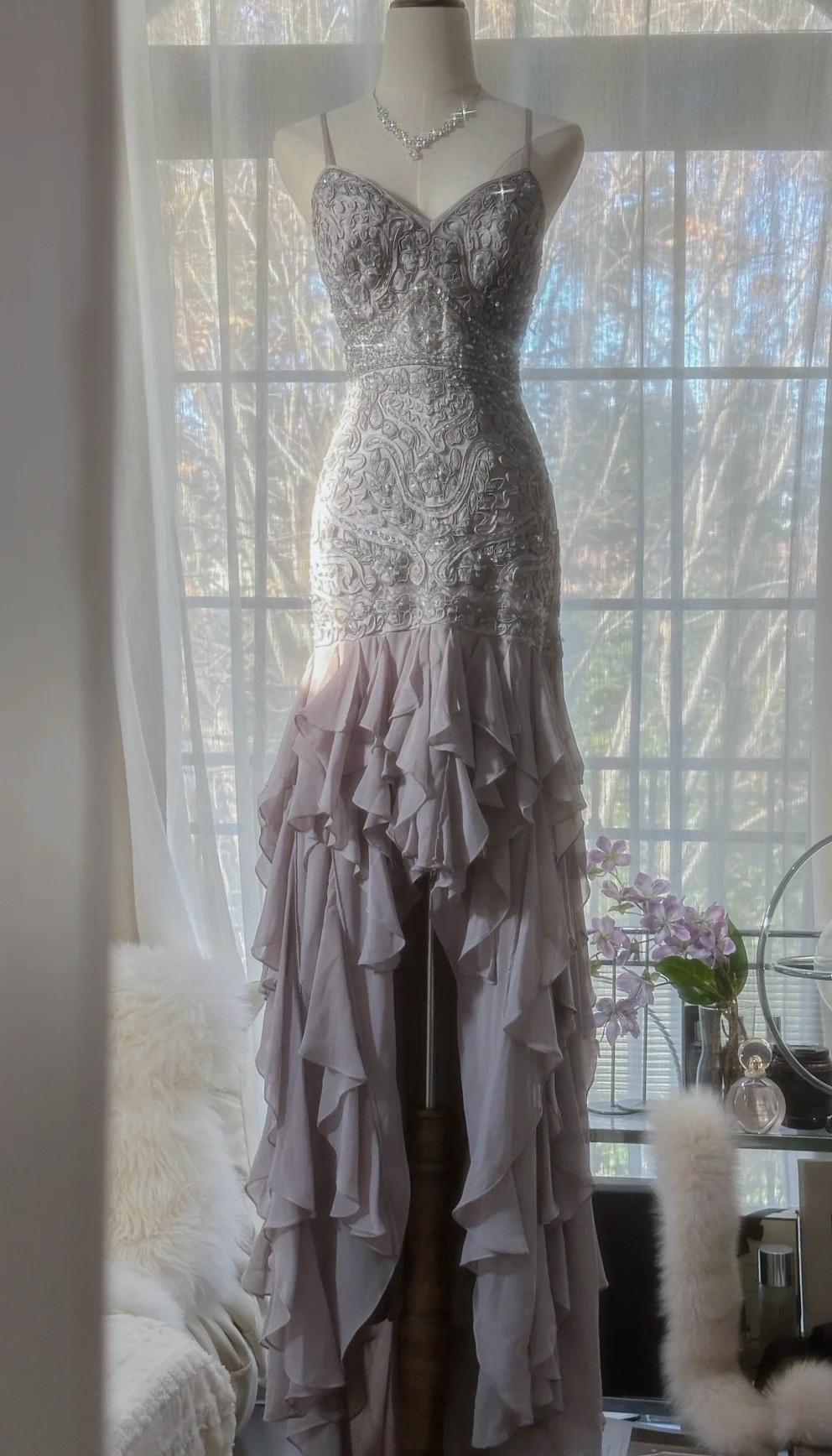 Purple Spaghetti Strap Bodycon Open Back Chiffon Sequin Long Prom Dress Adult Ceremony Dress with Appliques ED01720