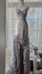 Purple Spaghetti Strap Bodycon Open Back Chiffon Sequin Long Prom Dress Adult Ceremony Dress with Appliques ED01720