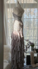 Purple Spaghetti Strap Bodycon Open Back Chiffon Sequin Long Prom Dress Adult Ceremony Dress with Appliques ED01720