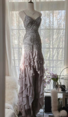 Purple Spaghetti Strap Bodycon Open Back Chiffon Sequin Long Prom Dress Adult Ceremony Dress with Appliques ED01720
