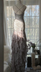 Purple Spaghetti Strap Bodycon Open Back Chiffon Sequin Long Prom Dress Adult Ceremony Dress with Appliques ED01720