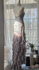 Purple Spaghetti Strap Bodycon Open Back Chiffon Sequin Long Prom Dress Adult Ceremony Dress with Appliques ED01720