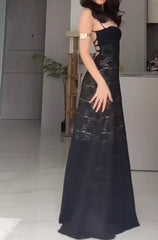 Black Bodycon Spaghetti Strap Chiffon Long Prom Dress Sexy Backless Evening Dress ED01722