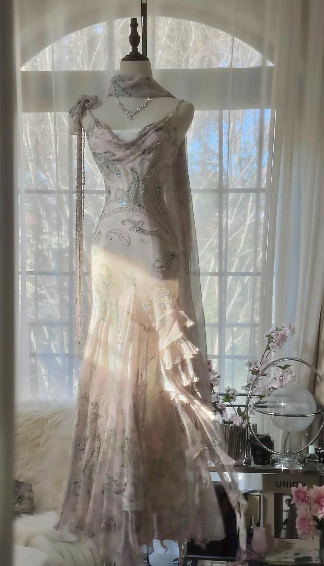 💕Fairytale Pink Beaded Chiffon Prom Dress🎐Vintage  Mermaid Gown for Graduation&Quniceanera ED01724