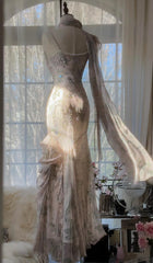 💕Fairytale Pink Beaded Chiffon Prom Dress🎐Vintage  Mermaid Gown for Graduation&Quniceanera ED01724