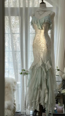 🎊Romantic Vintage Mint Green Prom Dress-Ruffled Chiffon &Beadwork Fairytale Mermaid Gown for Quinceanera&Events🍀  ED01725