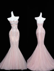 Pink Mermaid Strapless Tulle Diamond Long Prom Dress Sweet Wedding Dress Formal Dress ED01726