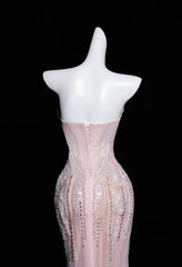 Pink Mermaid Strapless Tulle Diamond Long Prom Dress Sweet Wedding Dress Formal Dress ED01726