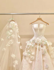 A-Line Spaghetti Strap Satin Long Prom Dress, Beautiful Applique Wedding Dress ED01729