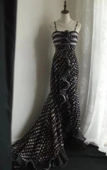 Mermaid Black Spaghetti Strap Chiffon Long Prom Skirt Polka Dot Evening Dress ED01731