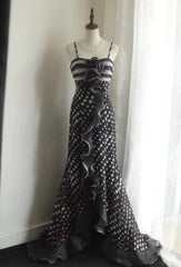 Mermaid Black Spaghetti Strap Chiffon Long Prom Skirt Polka Dot Evening Dress ED01731