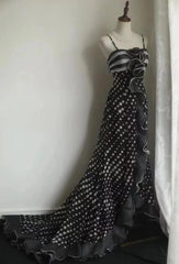 Mermaid Black Spaghetti Strap Chiffon Long Prom Skirt Polka Dot Evening Dress ED01731