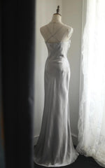 Silver Meimaid Satin Spaghetti Straps Beaded Long Prom Dress Sweetheart Neckline Formal Evening Dress ED01732