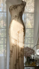 Champagne Retro Bodycon Dress Chiffon One Shoulder Beaded Long Prom Dress Graduation Prom Dress ED01733