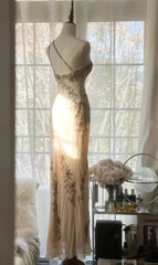 Champagne Retro Bodycon Dress Chiffon One Shoulder Beaded Long Prom Dress Graduation Prom Dress ED01733