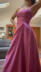 🌙 Enchanted Evening Gown – Vintage Fuchsia Beaded Prom Dress -Satin Party Dress with Shawl ED01737