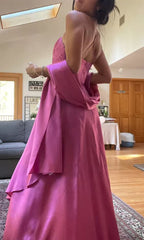 🌙 Enchanted Evening Gown – Vintage Fuchsia Beaded Prom Dress -Satin Party Dress with Shawl ED01737