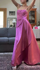 🌙 Enchanted Evening Gown – Vintage Fuchsia Beaded Prom Dress -Satin Party Dress with Shawl ED01737