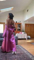 🌙 Enchanted Evening Gown – Vintage Fuchsia Beaded Prom Dress -Satin Party Dress with Shawl ED01737
