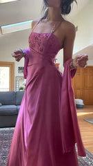 🌙 Enchanted Evening Gown – Vintage Fuchsia Beaded Prom Dress -Satin Party Dress with Shawl ED01737
