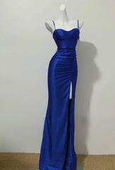 Klein Blue Elegant Spaghetti Straps Slit Long Prom Dress Charming Birthday Party Dress ED01738