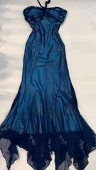 💃 Vintage Blue Tulle& Chiffon Prom Dress for Party&Graduation-90s Elegant Shinny Beaded  Evening Gown ED01743