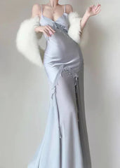 Retro Silver Mermaid Spaghetti Straps Satin Long Prom Dress Beaded Evening Dress ED01739