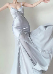 Retro Silver Mermaid Spaghetti Straps Satin Long Prom Dress Beaded Evening Dress ED01739