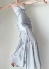 Retro Silver Mermaid Spaghetti Straps Satin Long Prom Dress Beaded Evening Dress ED01739
