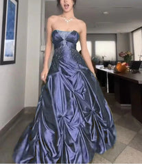 💚Pretty Forest Green A-Line Prom Dresses With Silver Beads -Sweet Princess Strapless Satin Evening Dress for  Birthday&Graduation ED01741