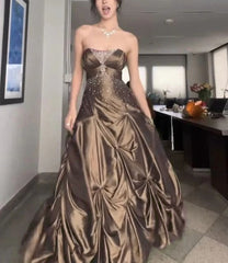 💚Pretty Forest Green A-Line Prom Dresses With Silver Beads -Sweet Princess Strapless Satin Evening Dress for  Birthday&Graduation ED01741