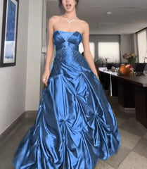 💚Pretty Forest Green A-Line Prom Dresses With Silver Beads -Sweet Princess Strapless Satin Evening Dress for  Birthday&Graduation ED01741