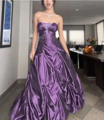 💚Pretty Forest Green A-Line Prom Dresses With Silver Beads -Sweet Princess Strapless Satin Evening Dress for  Birthday&Graduation ED01741