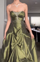 💚Pretty Forest Green A-Line Prom Dresses With Silver Beads -Sweet Princess Strapless Satin Evening Dress for  Birthday&Graduation ED01741