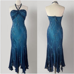 💃 Vintage Blue Tulle& Chiffon Prom Dress for Party&Graduation-90s Elegant Shinny Beaded  Evening Gown ED01743