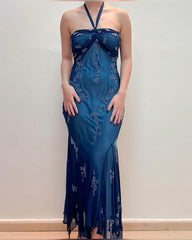 💃 Vintage Blue Tulle& Chiffon Prom Dress for Party&Graduation-90s Elegant Shinny Beaded  Evening Gown ED01743