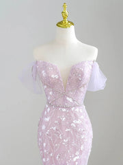 Mermaid V neck Tulle Sequin Purple Long Prom Dress Formal Dress ED01744