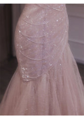 Pink Mermaid Strapless Tulle Sequined Long Prom Dress Sweet Wedding Dress ED01745