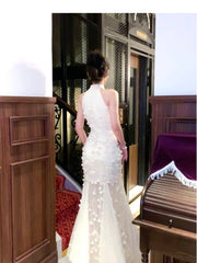 Light Apricot Mermaid Turtleneck Tulle 3D Flower Prom Dress ED01755