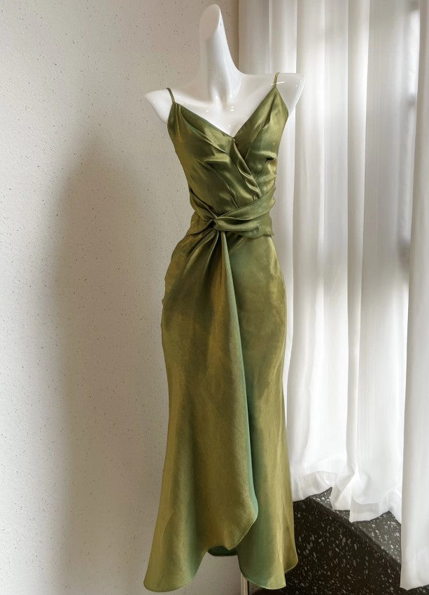 Green Bodycon Dress Spaghetti Strap V-Neck Chiffon Satin Sleeveless Prom Dress ED01760