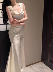 Elegant White Mermaid Square Neck Satin Prom Dress Birthday Dress ED01759