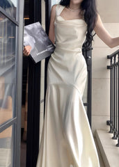 Elegant White Mermaid Square Neck Satin Prom Dress Birthday Dress ED01759