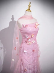 Pink Mermaid Strapless Tulle 3D Applique Long Prom Dress Sweet Wedding Dress ED01761