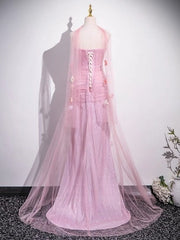 Pink Mermaid Strapless Tulle 3D Applique Long Prom Dress Sweet Wedding Dress ED01761