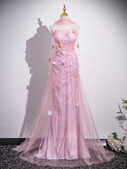 Pink Mermaid Strapless Tulle 3D Applique Long Prom Dress Sweet Wedding Dress ED01761
