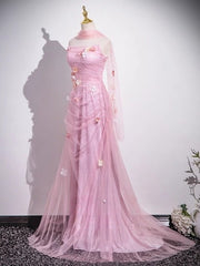 Pink Mermaid Strapless Tulle 3D Applique Long Prom Dress Sweet Wedding Dress ED01761
