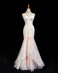 Light Pink Strapless Mermaid Tulle Lace Long Prom Dress Sweetheart Neckline Formal Dress ED01762