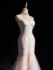 Light Pink Strapless Mermaid Tulle Lace Long Prom Dress Sweetheart Neckline Formal Dress ED01762