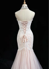 Light Pink Strapless Mermaid Tulle Lace Long Prom Dress Sweetheart Neckline Formal Dress ED01762