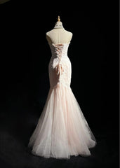 Light Pink Strapless Mermaid Tulle Lace Long Prom Dress Sweetheart Neckline Formal Dress ED01762